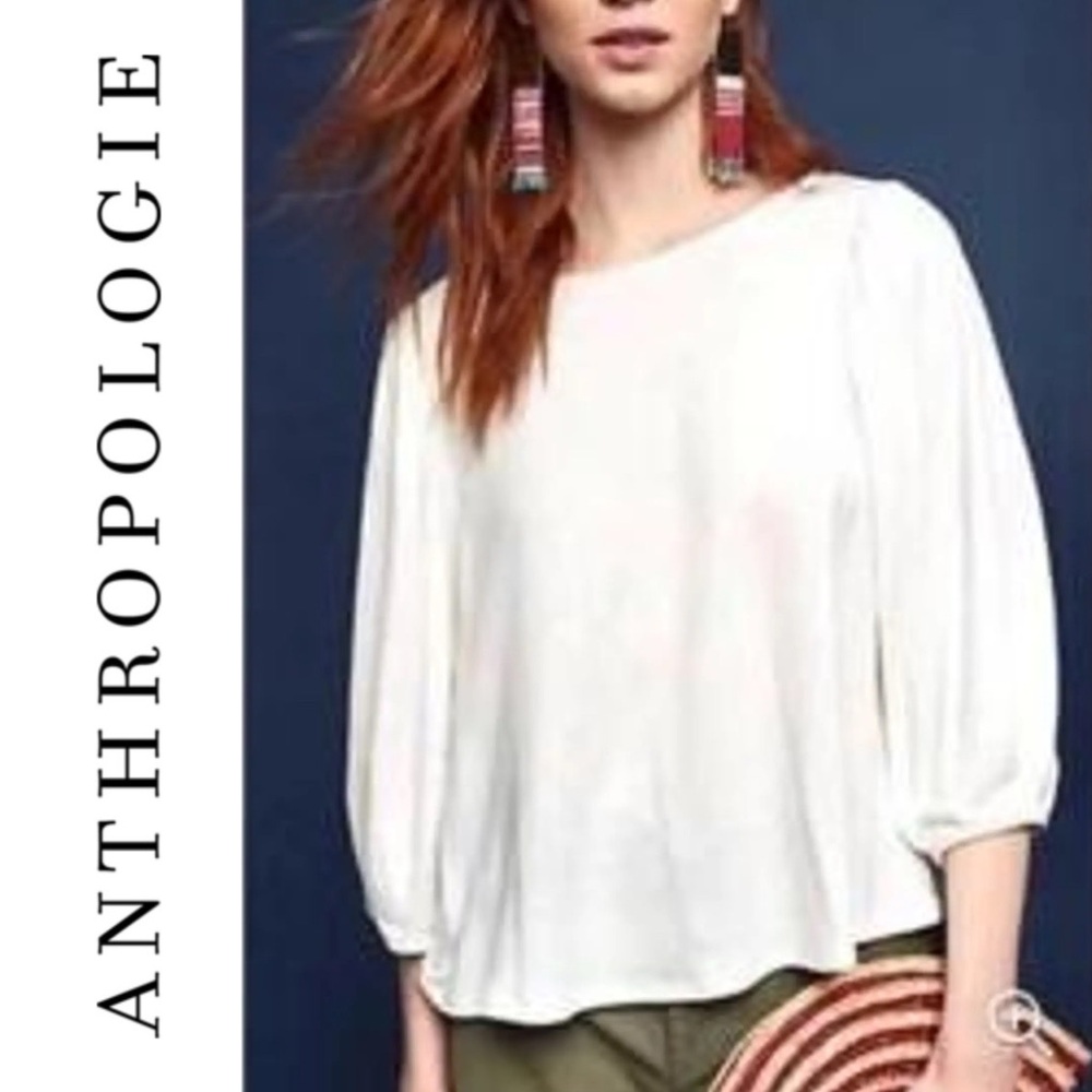 Anthropologie Eri + Ali White Puff Sleeve Cotton Top Modern Feminine Size XS